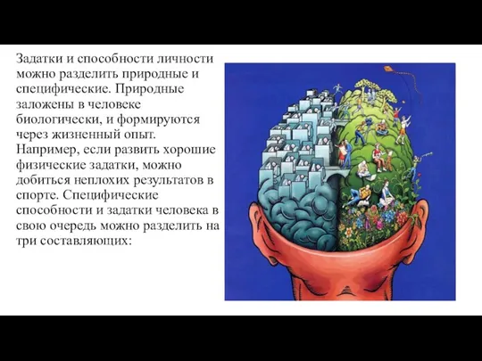 Задатки и способности личности можно разделить природные и специфические. Природные