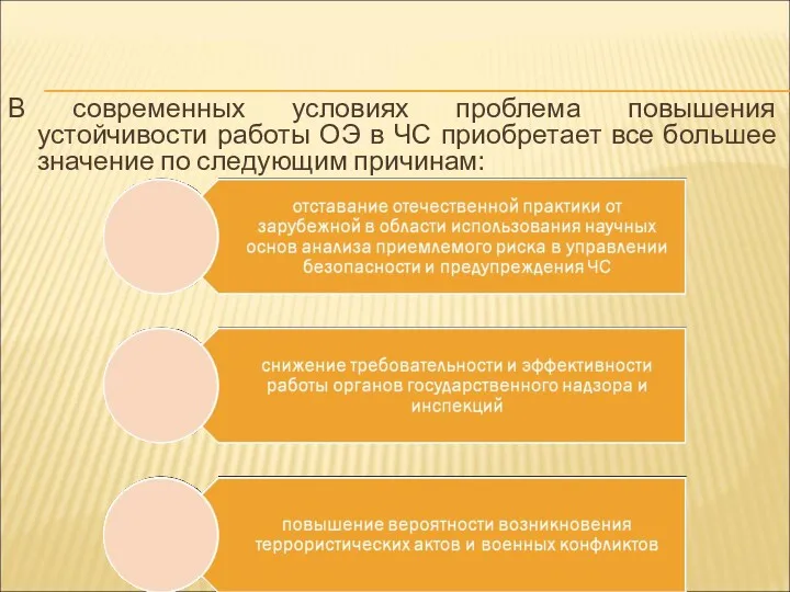 В современных условиях проблема повышения устойчивости работы ОЭ в ЧС