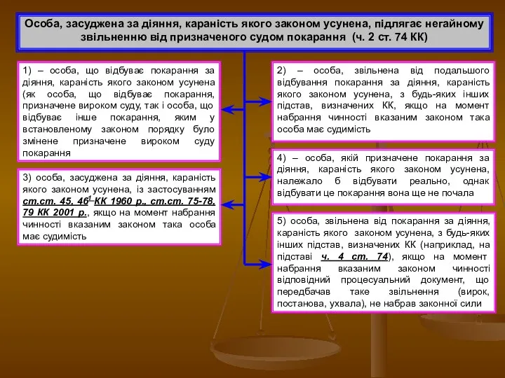 Особа, засуджена за діяння, караність якого законом усунена, підлягає негайному