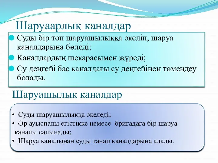 Шаруаарлық каналдар Суды бір топ шаруашылыққа әкеліп, шаруа каналдарына бөледі;