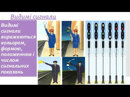 Видимі сигнали виражаються кольором, формою, положенням і числом сигнальних показань Видимі сигнали