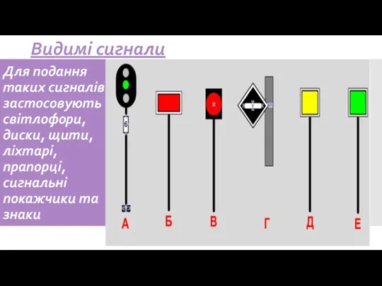 Для подання таких сигналів застосовують світлофори, диски, щити, ліхтарі, прапорці, сигнальні покажчики та знаки Видимі сигнали