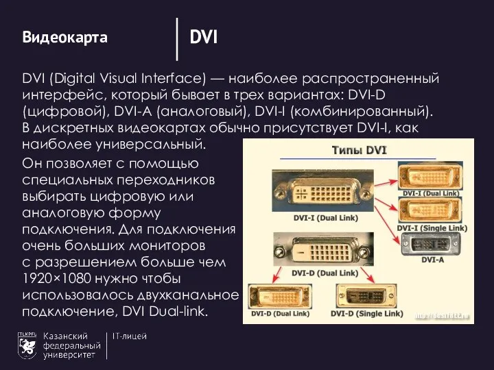 DVI Видеокарта DVI (Digital Visual Interface) — наиболее распространенный интерфейс,