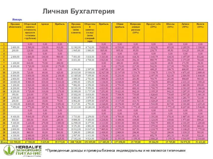 *Приведенные доходы и примеры бизнеса индивидуальны и не являются типичными Личная Бухгалтерия