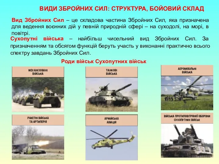 Сухопутні війська – найбільш чисельний вид Збройних Сил. За призначенням