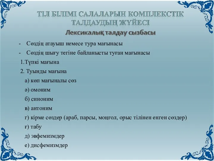 - Сөздің атауыш немесе тура мағынасы - Сөздің шығу тегіне