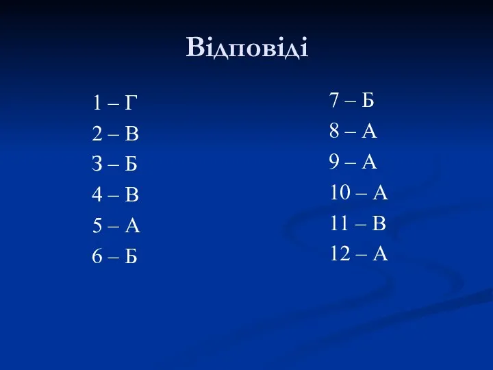 Відповіді 1 – Г 2 – В З – Б