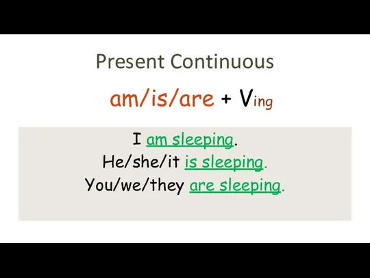 Present Continuous I am sleeping. He/she/it is sleeping. You/we/they are sleeping. am/is/are + Ving