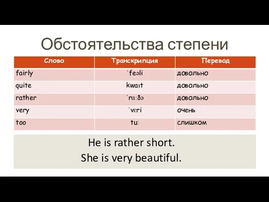 Обстоятельства степени He is rather short. She is very beautiful.