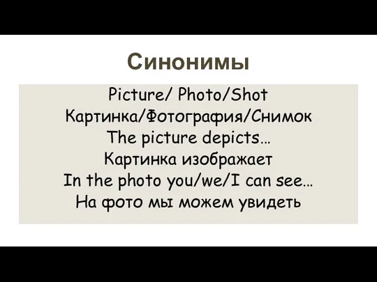 Синонимы Picture/ Photo/Shot Картинка/Фотография/Снимок The picture depicts… Картинка изображает In