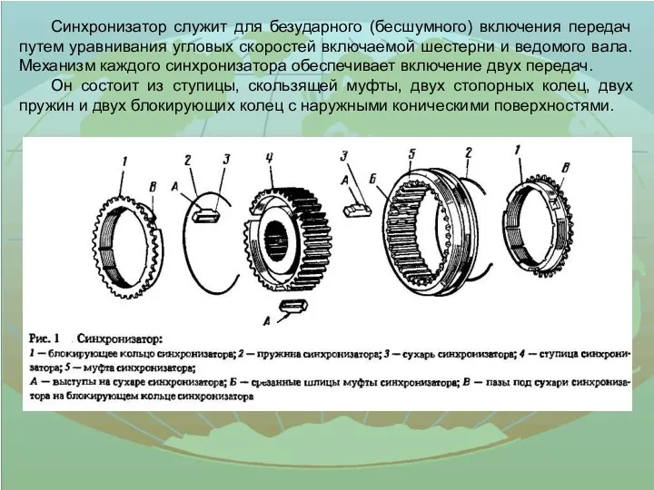 Синхронизатор служит для безударного (бесшумного) включения передач путем уравнивания угловых