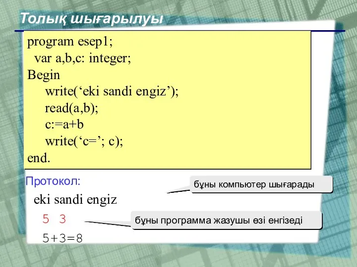 Толық шығарылуы program esep1; var a,b,c: integer; Begin write(‘eki sandi