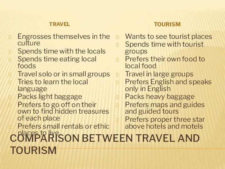 COMPARISON BETWEEN TRAVEL AND TOURISM TRAVEL TOURISM Engrosses themselves in