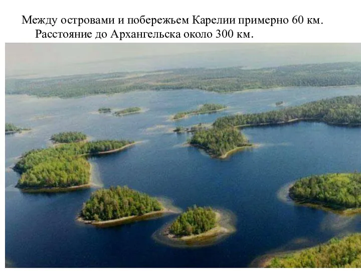 Между островами и побережьем Карелии примерно 60 км. Расстояние до Архангельска около 300 км.