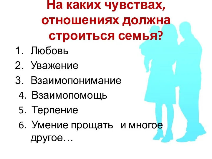 На каких чувствах, отношениях должна строиться семья? Любовь Уважение Взаимопонимание