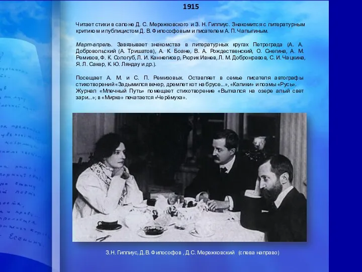 1915 Читает стихи в салоне Д. С. Мережковского и З.