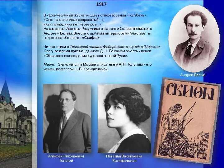 1917 В «Ежемесячный журнал» сдаёт стихотворения «Голубень», «Снег, словно мед