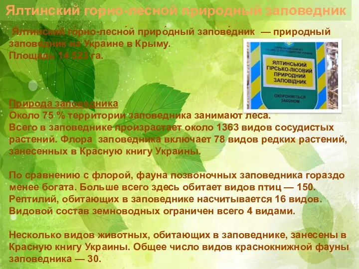 Ялтинский горно-лесной природный заповедник Я́лтинский го́рно-лесно́й приро́дный запове́дник — природный