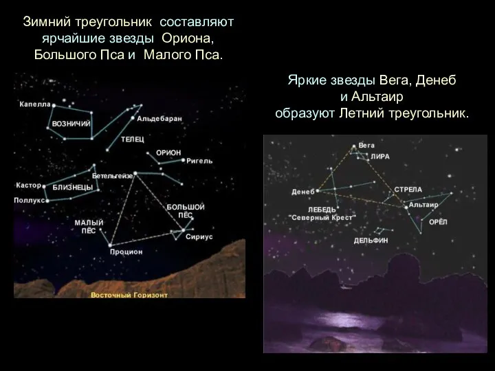 Зимний треугольник составляют ярчайшие звезды Ориона, Большого Пса и Малого