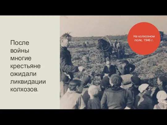 После войны многие крестьяне ожидали ликвидации колхозов. На колхозном поле, 1946 г.