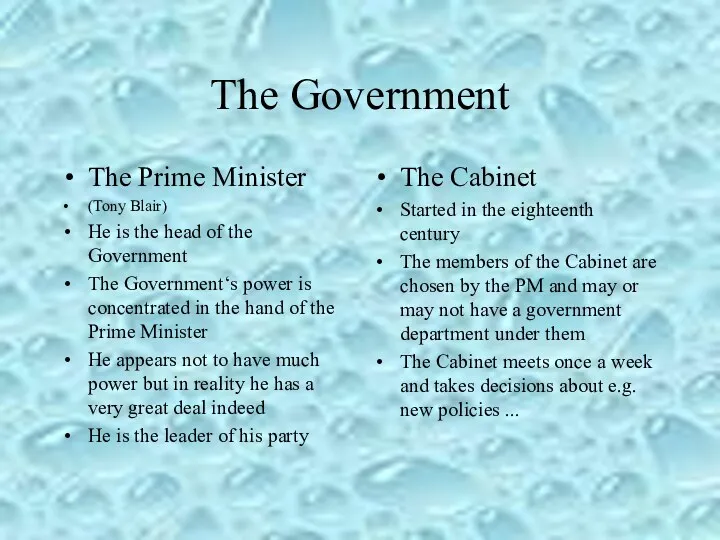 The Government The Prime Minister (Tony Blair) He is the