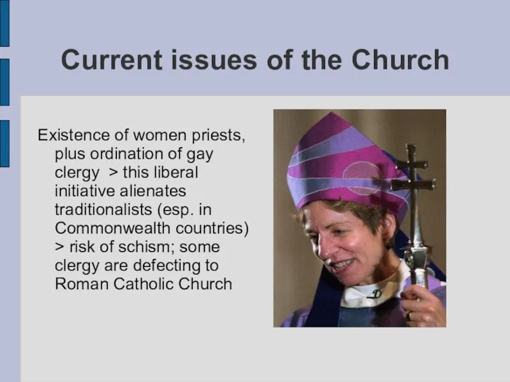 Current issues of the Church Existence of women priests, plus ordination of gay