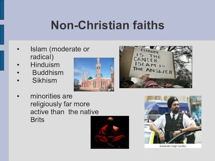 Non-Christian faiths Islam (moderate or radical)‏ Hinduism Buddhism Sikhism minorities are religiously far