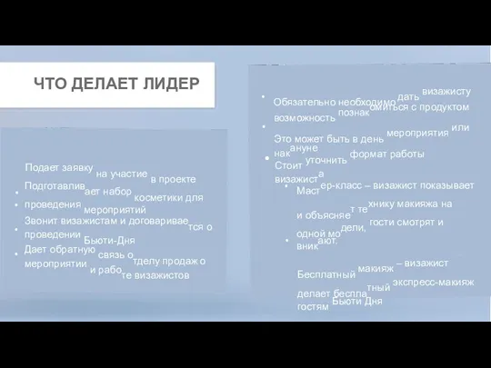 • • Обязательно необходимо дать визажисту возможность познакомиться с продуктом