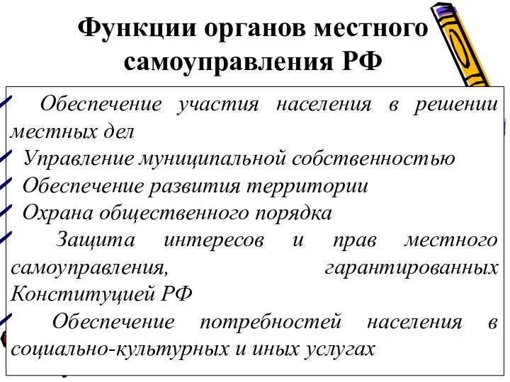 Функции органов местного самоуправления РФ Обеспечение участия населения в решении