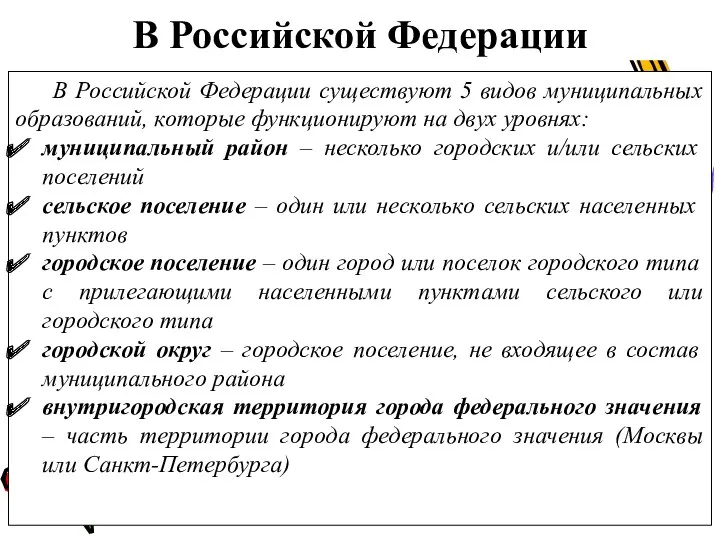 В Российской Федерации В Российской Федерации существуют 5 видов муниципальных