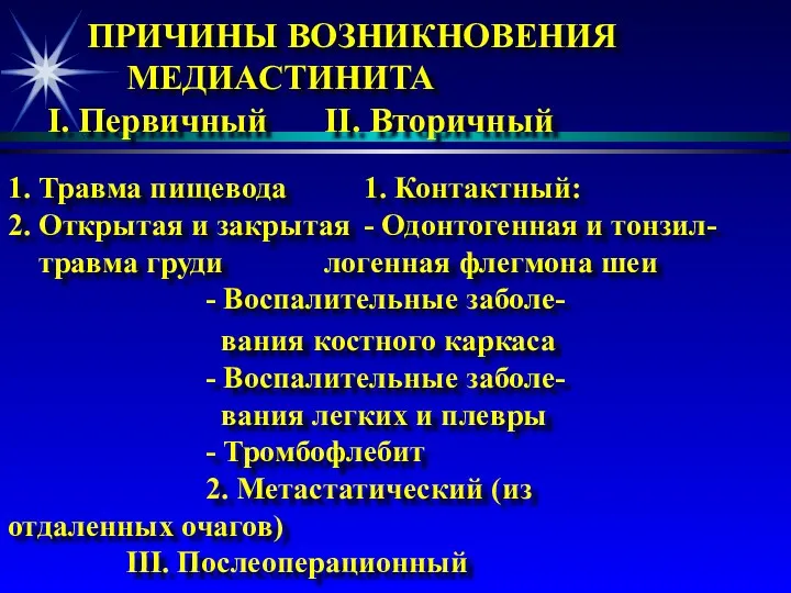 ПРИЧИНЫ ВОЗНИКНОВЕНИЯ МЕДИАСТИНИТА I. Первичный II. Вторичный 1. Травма пищевода