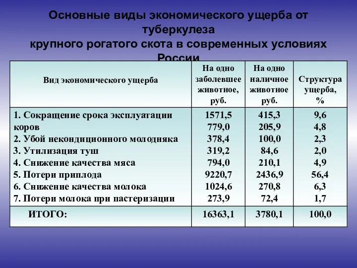Основные виды экономического ущерба от туберкулеза крупного рогатого скота в современных условиях России