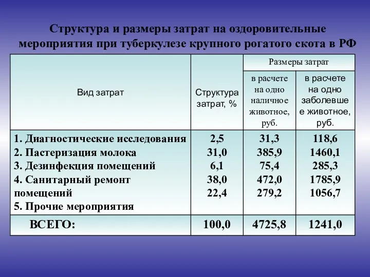 Структура и размеры затрат на оздоровительные мероприятия при туберкулезе крупного рогатого скота в РФ