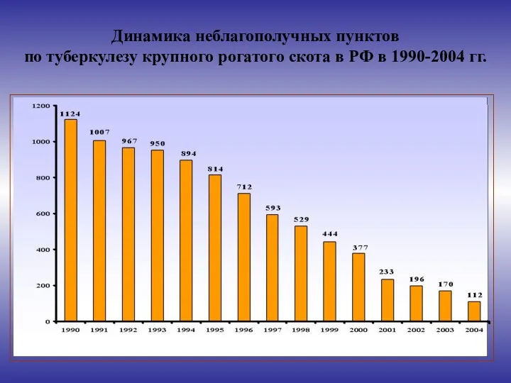 Динамика неблагополучных пунктов по туберкулезу крупного рогатого скота в РФ в 1990-2004 гг.