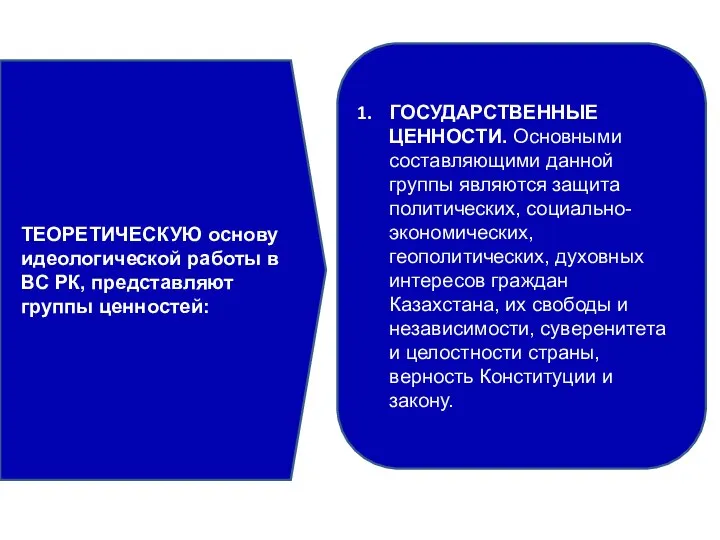 ТЕОРЕТИЧЕСКУЮ основу идеологической работы в ВС РК, представляют группы ценностей: