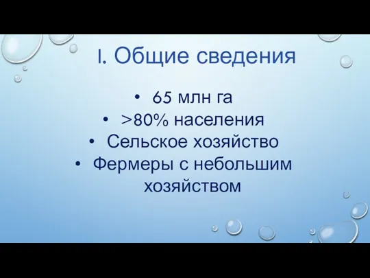 65 млн га >80% населения Сельское хозяйство Фермеры с небольшим хозяйством I. Общие сведения