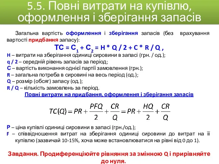 Загальна вартість оформлення і зберігання запасів (без врахування вартості придбання