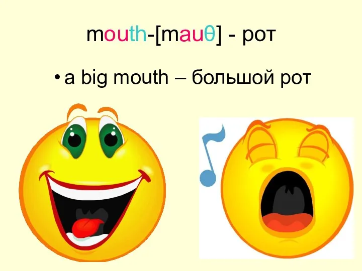 mouth-[mauθ] - рот a big mouth – большой рот