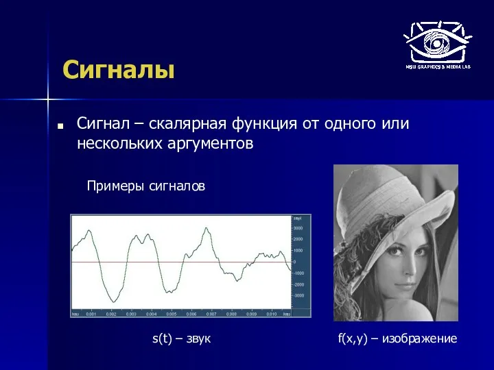 Сигналы Сигнал – скалярная функция от одного или нескольких аргументов