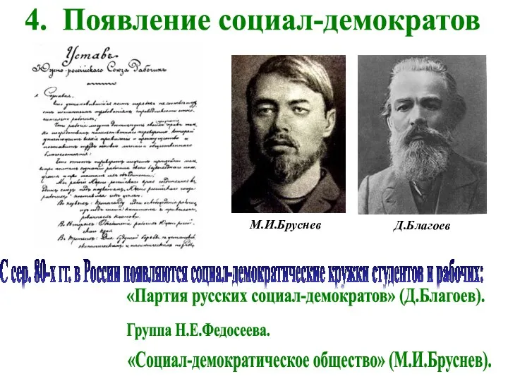 4. Появление социал-демократов С сер. 80-х гг. в России появляются