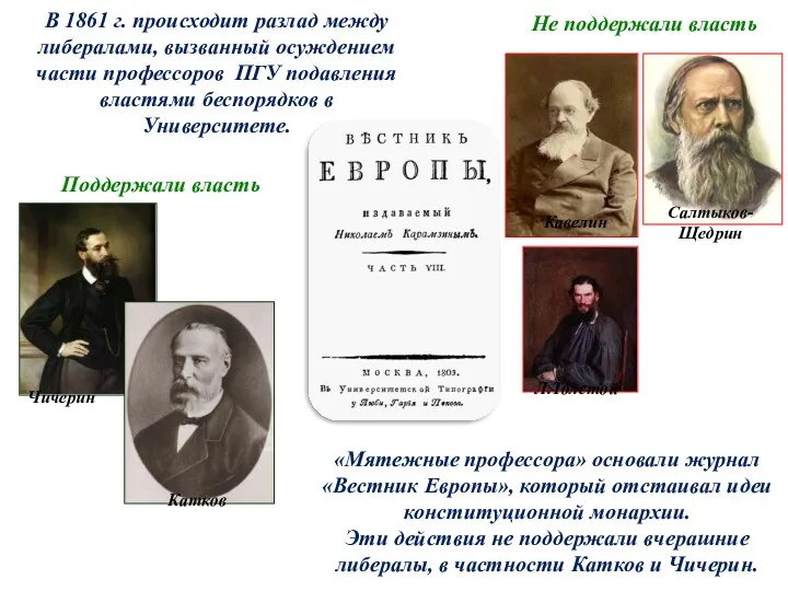 «Мятежные профессора» основали журнал «Вестник Европы», который отстаивал идеи конституционной