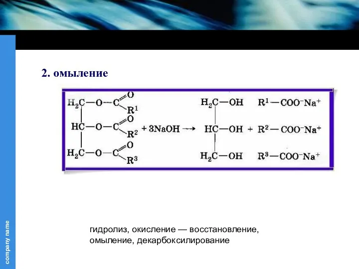 гидролиз, окисление — восстановление, омыление, декарбоксилирование 2. омыление