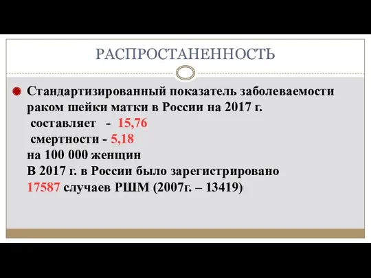 РАСПРОСТАНЕННОСТЬ Стандартизированный показатель заболеваемости раком шейки матки в России на