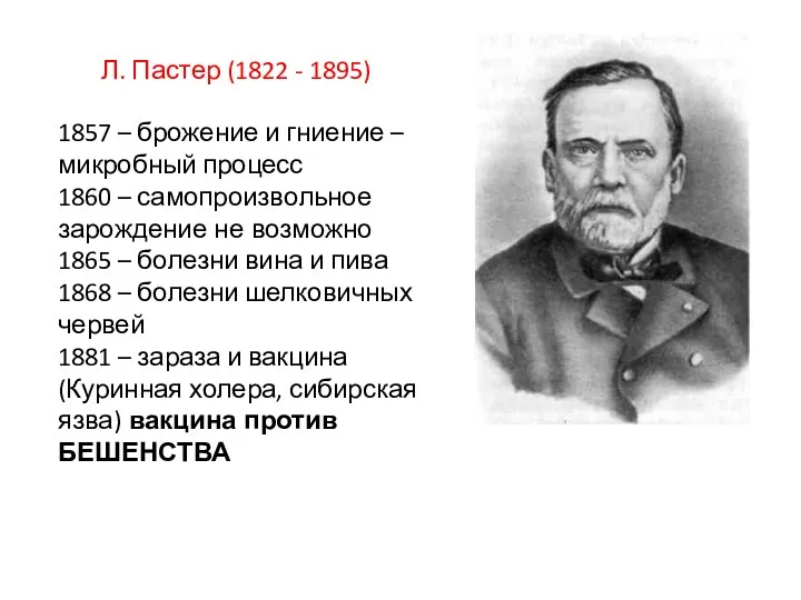 Л. Пастер (1822 - 1895) 1857 – брожение и гниение