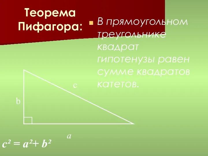 Теорема Пифагора: В прямоугольном треугольнике квадрат гипотенузы равен сумме квадратов