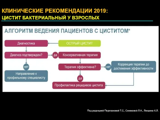 КЛИНИЧЕСКИЕ РЕКОМЕНДАЦИИ 2019: ЦИСТИТ БАКТЕРИАЛЬНЫЙ У ВЗРОСЛЫХ Под редакцией Перепановой Т.С., Синяковой Л.А., Локшина К.Л.