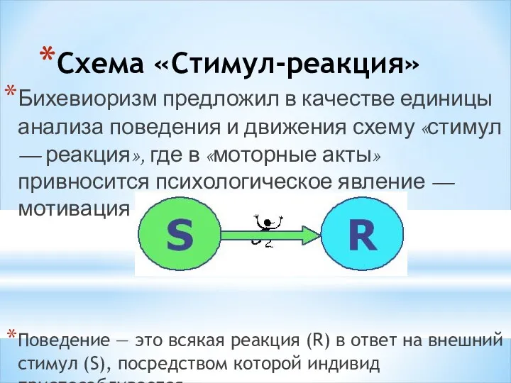 Схема «Стимул-реакция» Бихевиоризм предложил в качестве единицы анализа поведения и движения схему «стимул