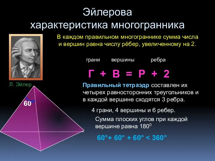 Эйлерова характеристика многогранника В каждом правильном многограннике сумма числа и вершин равна числу