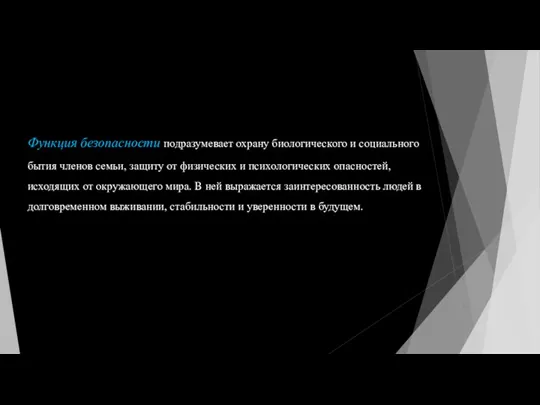 Функция безопасности подразумевает охрану биологического и социального бытия членов семьи,