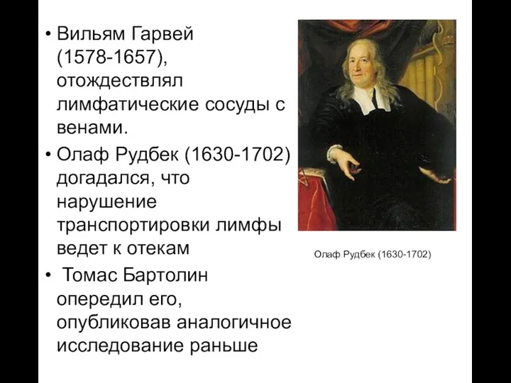 Вильям Гарвей (1578-1657), отождествлял лимфатические сосуды с венами. Олаф Рудбек